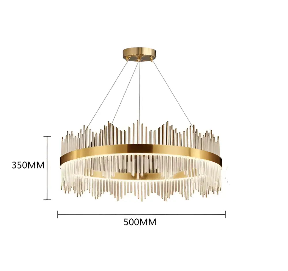 Gold-toned DecorBites crystal chandelier pendant light with circular frame and cascading crystal rods for luxury decor
