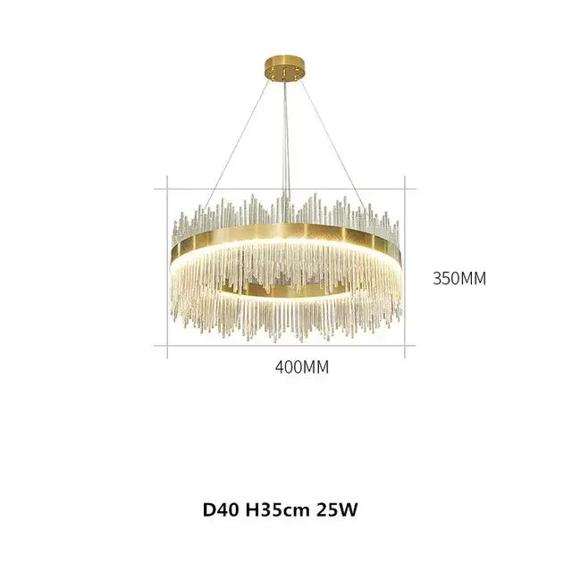 Gold-toned DecorBites crystal chandelier pendant light with cascading crystals for modern luxury dining or bedroom use