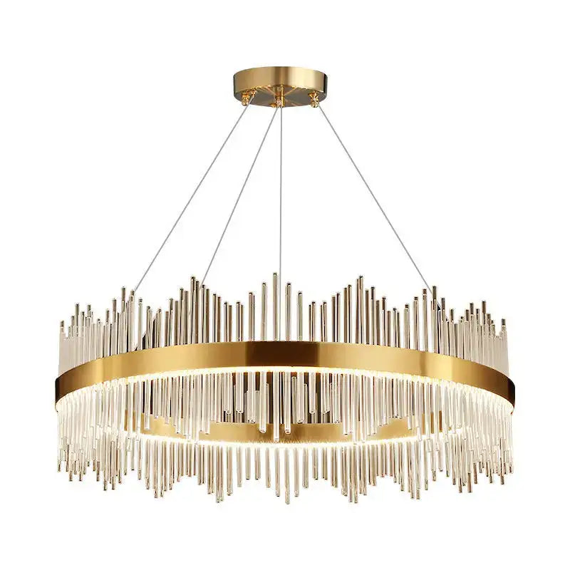 Gold-toned decorbites crystal chandelier pendant light with clear glass rods and circular frame for modern luxury decor