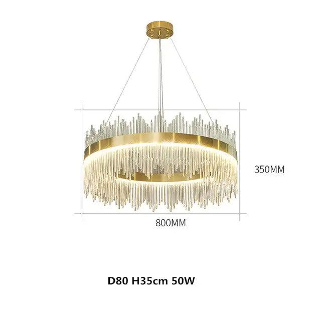 Gold-toned decorbites crystal chandelier pendant light with cascading clear glass rods and illuminated inner ring
