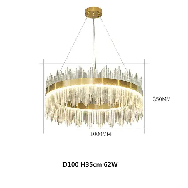 Gold-toned DecorBites crystal chandelier pendant light with cascading glass prisms for modern luxury dining and bedroom use