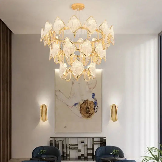 Gold-toned decorbites crystal chandelier pendant light with diamond textured glass panels for modern living room décor
