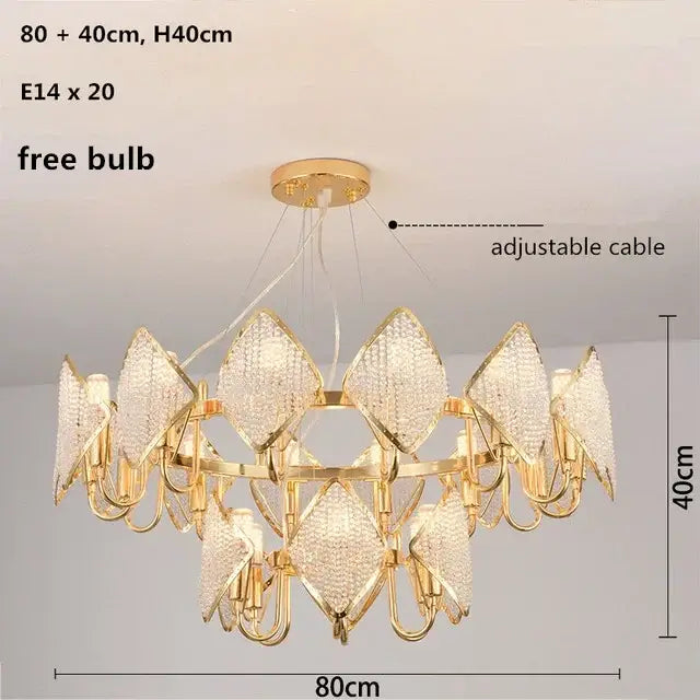 Gold-toned decorbites crystal chandelier pendant light with diamond-shaped crystal pendants and adjustable cable for living room decor