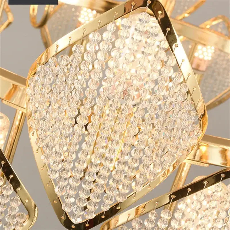 Gold-toned decorbites crystal chandelier pendant light with geometric frame and cascading clear crystal beads for living room decor