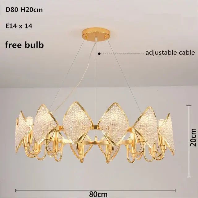 Gold-toned decorbites crystal chandelier pendant light with diamond-shaped crystal panels and adjustable cable for living room decor