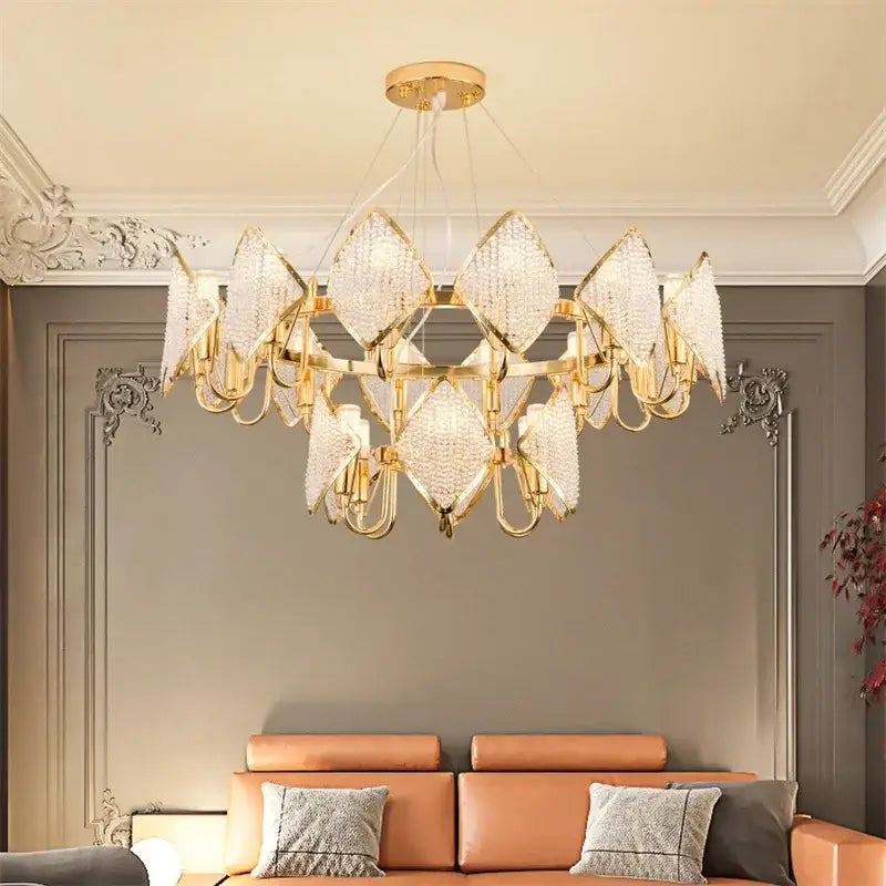 Gold-toned decorbites crystal chandelier pendant light with diamond-shaped crystal pendants for living room décor