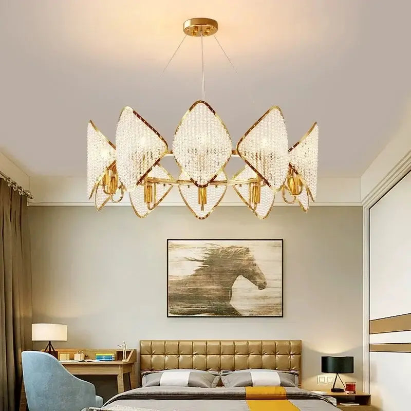 Gold-toned decorbites crystal chandelier pendant light with diamond-shaped crystal pendants for modern luxury décor