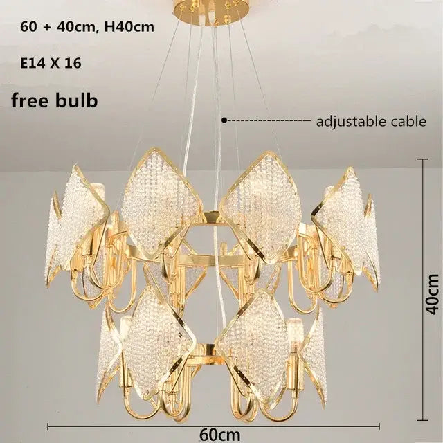 Gold-toned decorbites crystal chandelier pendant light with diamond-shaped crystal panels for modern living room décor
