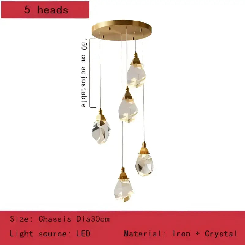 Gold-toned DecorBites crystal chandelier pendant lights with five dangling crystal teardrop pendants for elegant decor