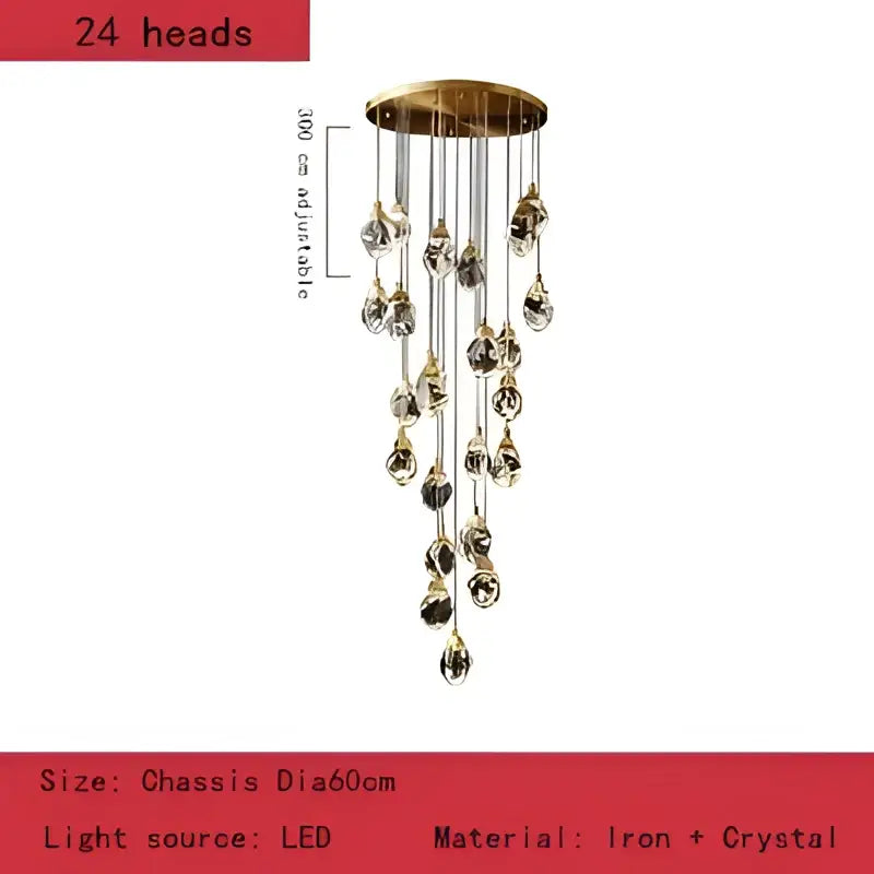 Gold-toned DecorBites crystal chandelier pendant with 24 crystal teardrop pendant lights on an iron circular base