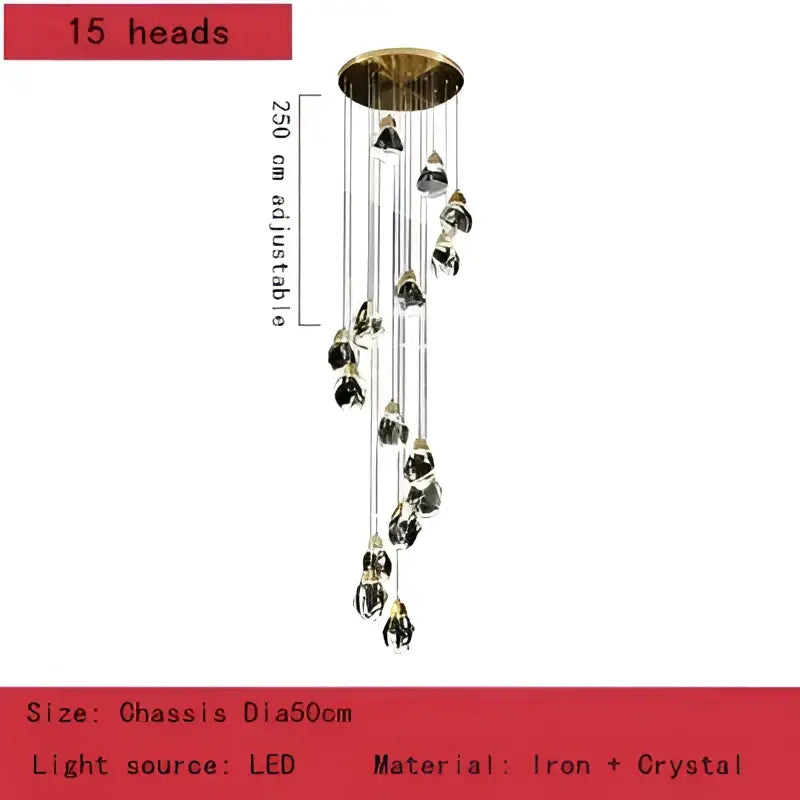 Gold-toned DecorBites crystal chandelier pendant lights with 15 hanging crystal pendants on an iron frame for elegant decor