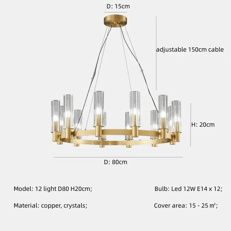 Gold-toned copper decorbites crystal chandelier pendant with twelve clear glass cylinders for luxury pendant lights