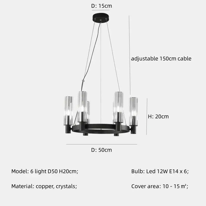 Black copper decorbites crystal chandelier pendant lights with six clear crystal glass shades for living room lighting