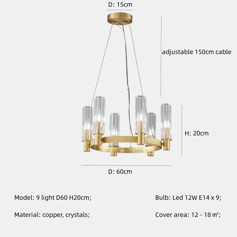 Gold-toned copper decorbites crystal chandelier pendant lights with nine clear glass shades for luxury living room lighting