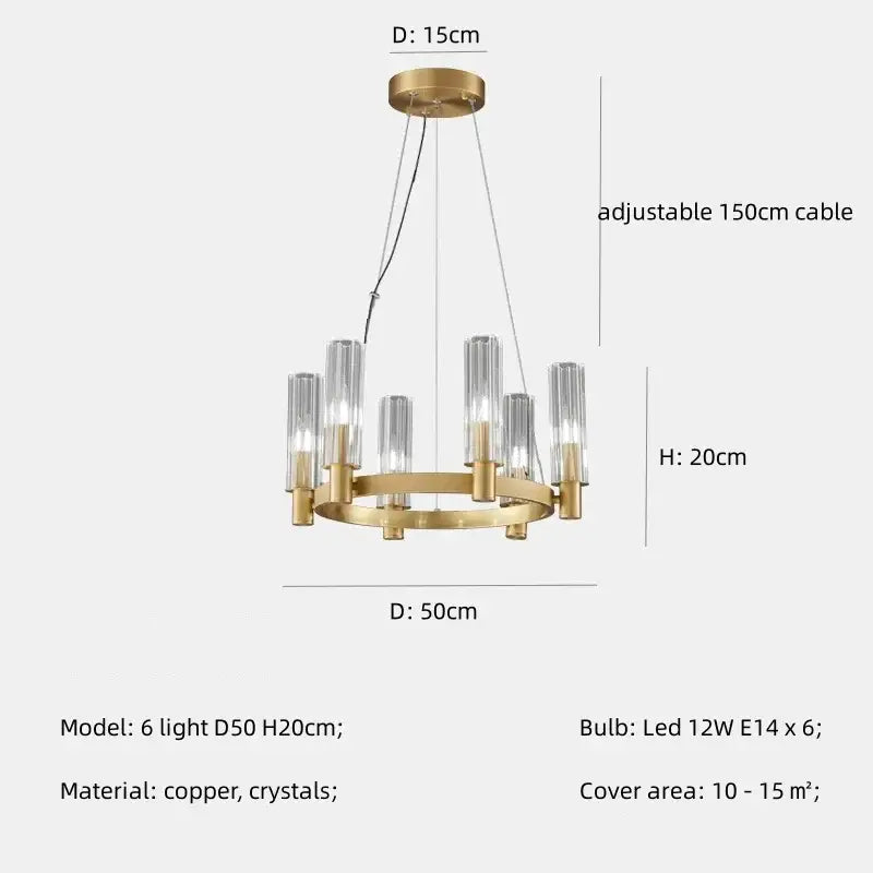 Gold-toned decorbites crystal chandelier pendant with six clear crystal glass shades and copper frame for living room lighting