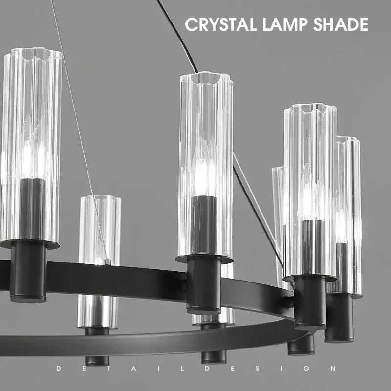 Decorbites crystal chandelier pendant lights with clear faceted crystal shades and black metal frames for living room