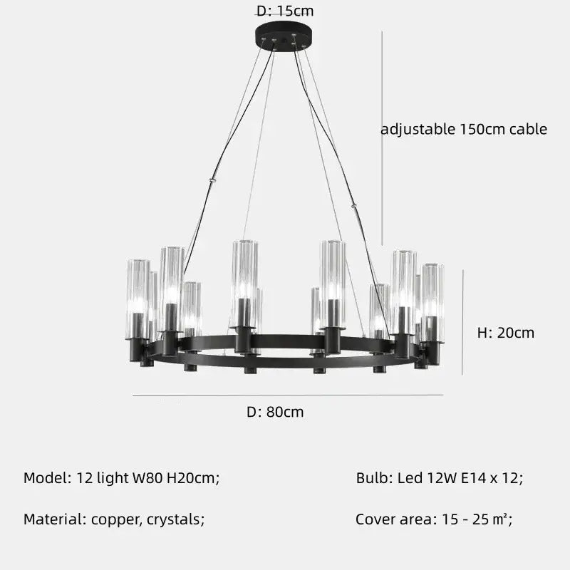 Black copper DecorBites crystal chandelier with twelve clear crystal glass shades pendant lights for living room