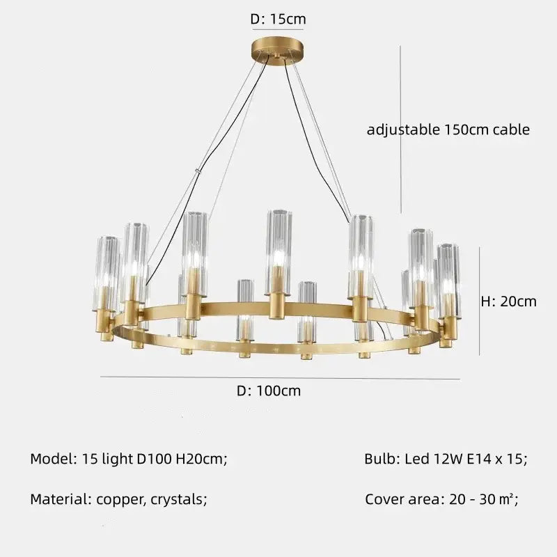 A modern DecorBites crystal chandelier pendant with brass finish, copper arms, and 15 clear glass shades for living room pendant lights
