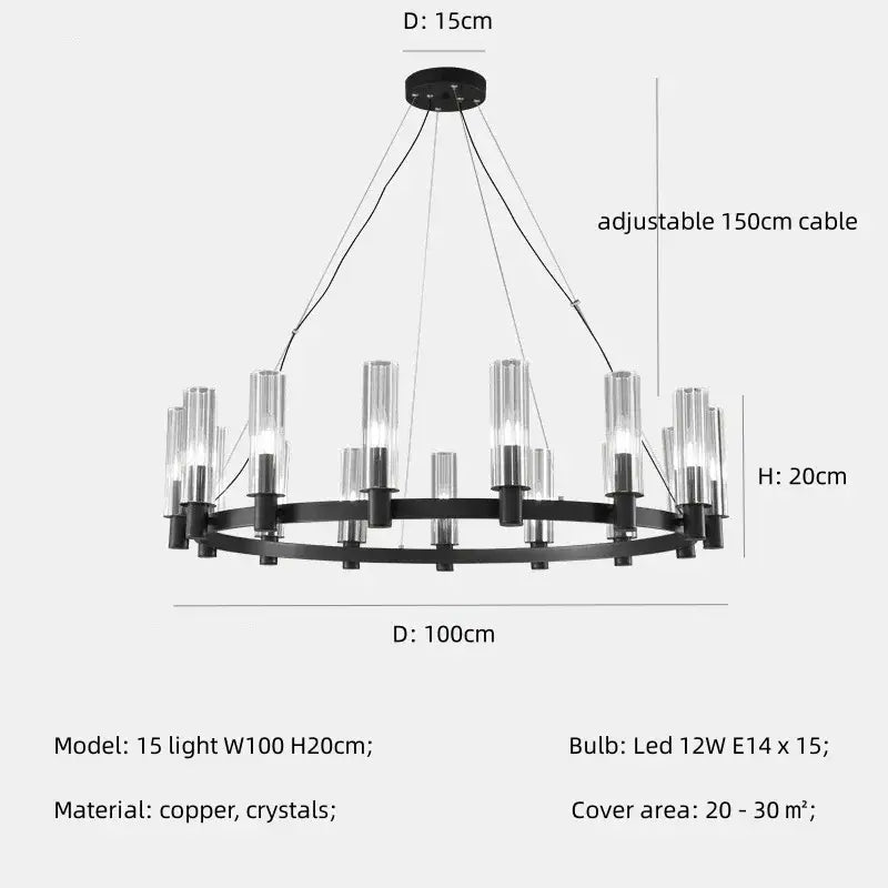 Black copper DecorBites crystal chandelier pendant lights with 15 clear crystal candle-style lights for living room