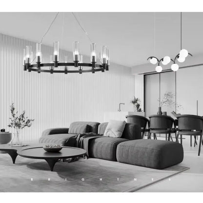 Black circular decorbites crystal chandelier pendant with clear glass candle-style bulbs for luxury living room lighting
