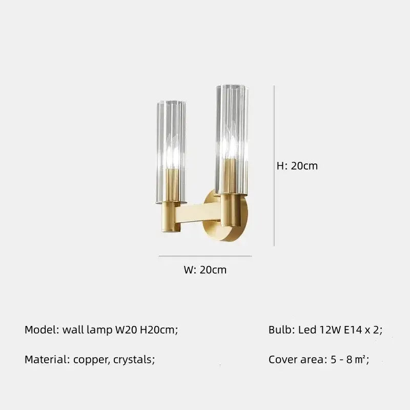 Gold-toned copper decorbites crystal chandelier pendant lights with two vertical crystal glass shades for living room
