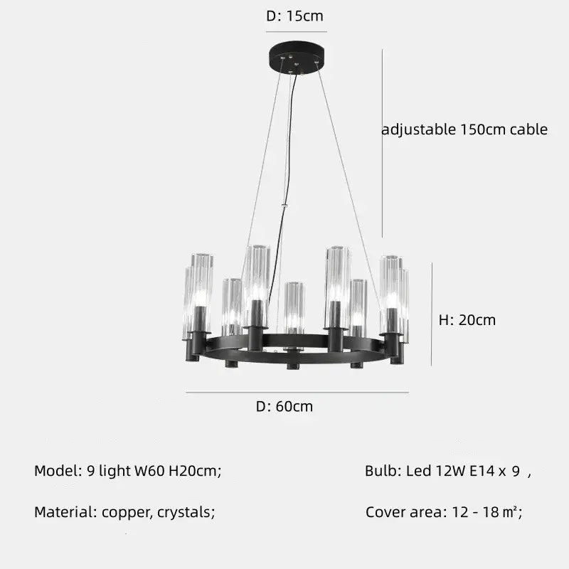 Black copper decorbites crystal chandelier pendant with nine clear crystal glass candle-style shades for living room lighting