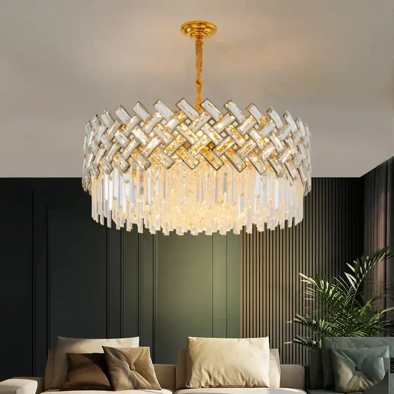 A luxurious gold-toned DecorBites crystal chandelier pendant with woven crystals and cascading glass prisms pendant lights