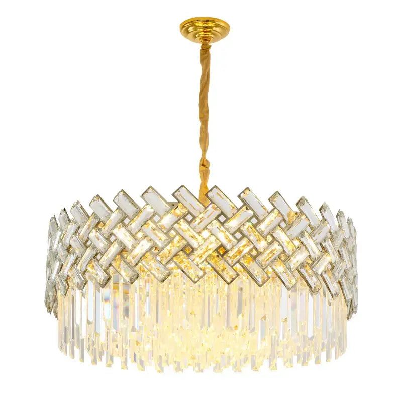 Gold-toned decorbites crystal chandelier pendant lights featuring woven clear faceted crystal bars and dangling strands