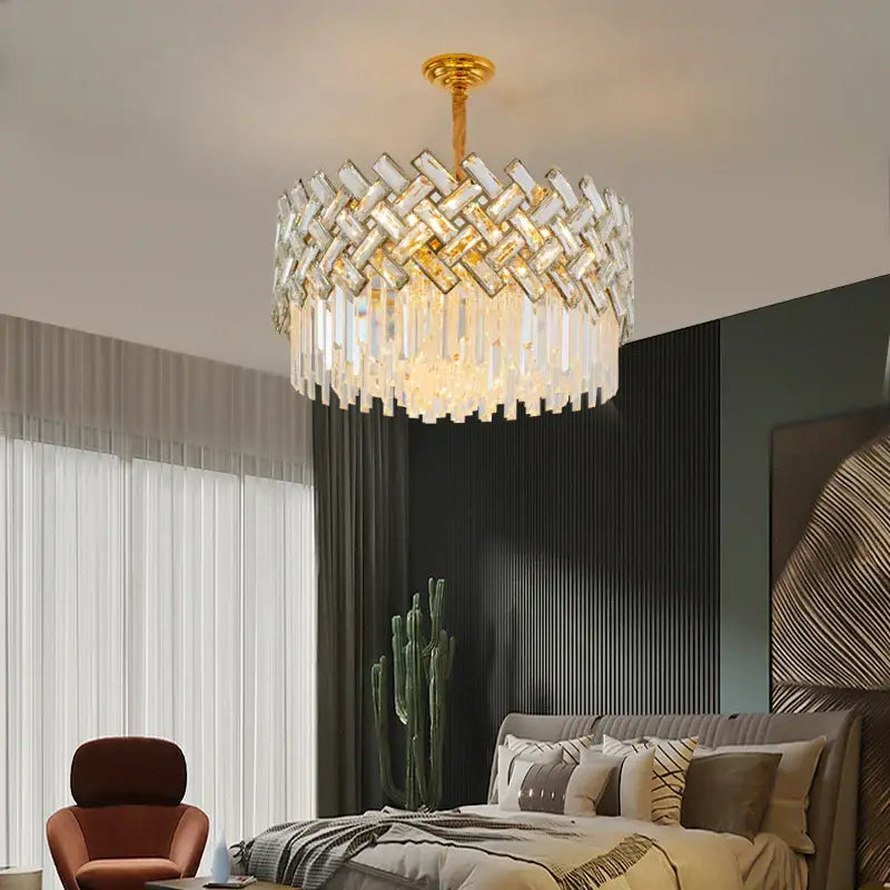 Decorbites crystal chandelier pendant lights with gold-toned stem and woven glass panels emitting warm light