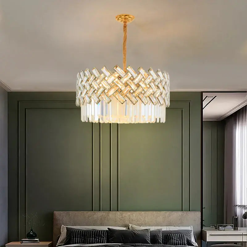 Modern luxury decorbites crystal chandelier pendant lights with gold-toned fixture and woven clear glass prisms cascade