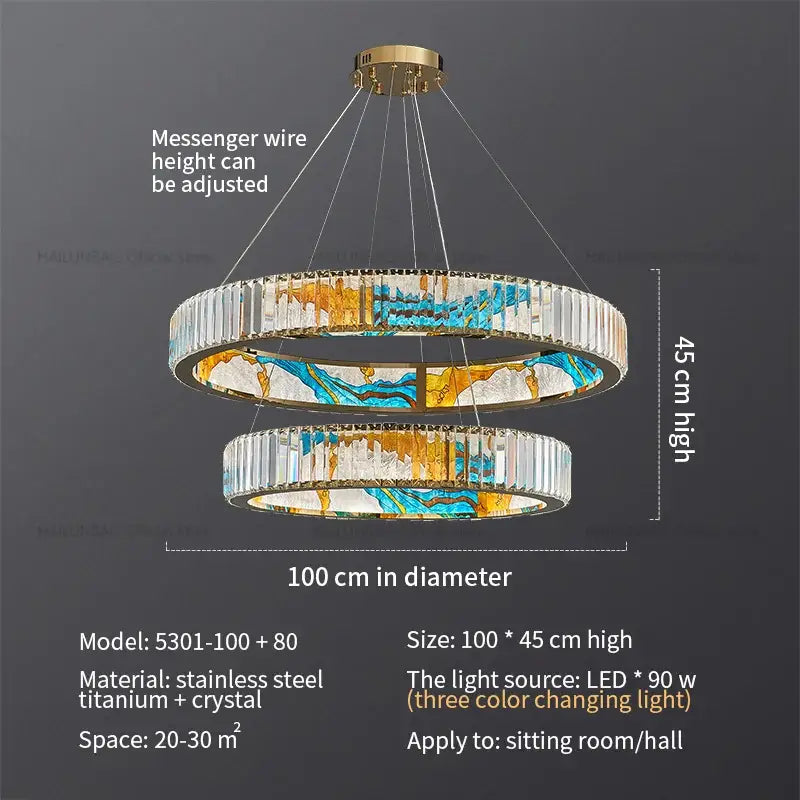 DecorBites crystal chandelier double-ring light with gold stainless steel frame and blue amber marbled crystal panels