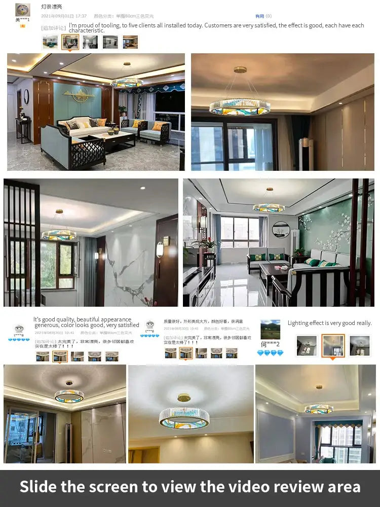 Decorbites crystal chandelier ring light with colorful stained glass panels in blue green and gold metal frame ceiling pendant