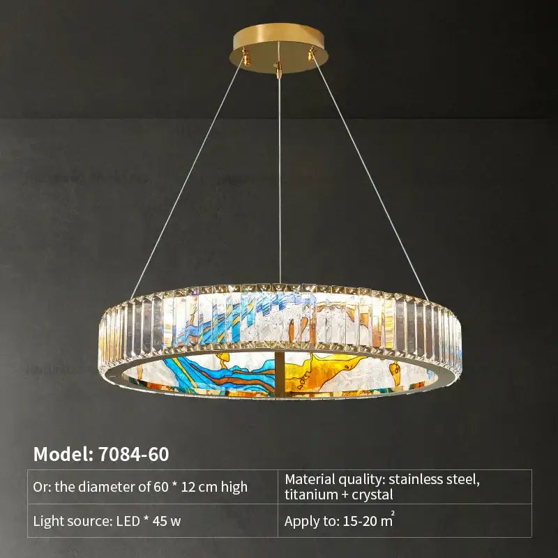 A modern decorbites crystal chandelier ring light with gold mount, clear crystal prisms, and blue yellow orange stained glass panels