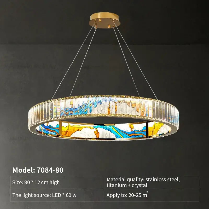 Decorbites crystal chandelier ring light with gold stainless steel frame and colorful stained glass for dining living rooms