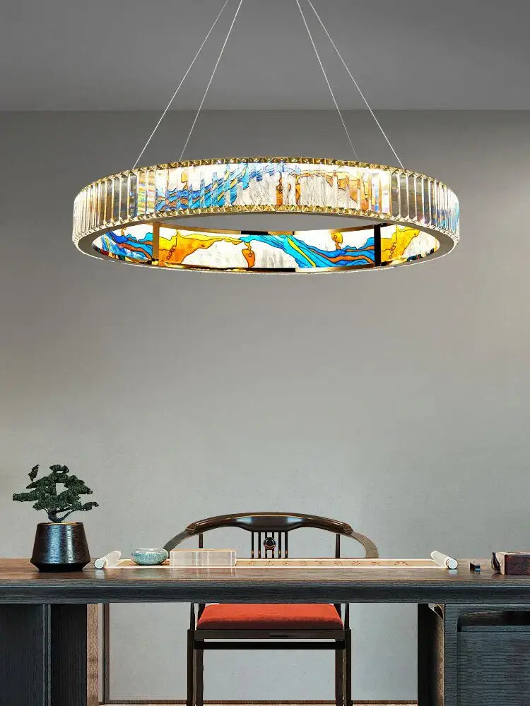 Decorbites crystal chandelier ring light with vibrant stained glass design in blues yellows and whites for elegant living room lighting