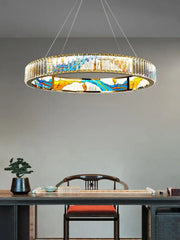 A decorbites crystal chandelier ring light featuring vibrant blue yellow and white stained glass for modern interiors