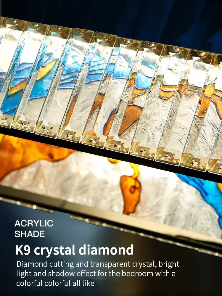Decorbites crystal chandelier ring light with sleek acrylic lampshade in blue and gold with k9 crystal accents