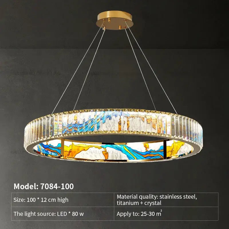 Decorbites crystal chandelier ring light with gold metal frame, clear crystals, and vibrant stained-glass panels for dining room