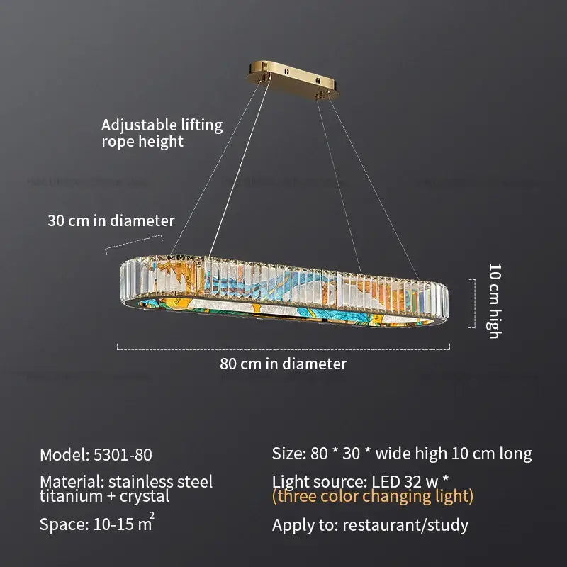A decorbites crystal chandelier ring light with gold stainless steel frame and clear crystal prisms encasing colorful artwork