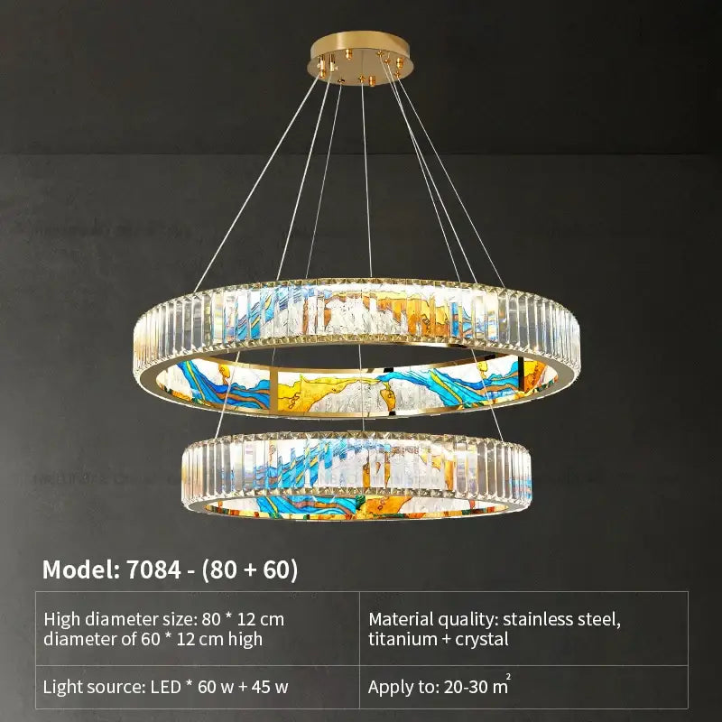 Double-tiered DecorBites crystal chandelier ring light with gold stainless steel frame and blue yellow white glass panels