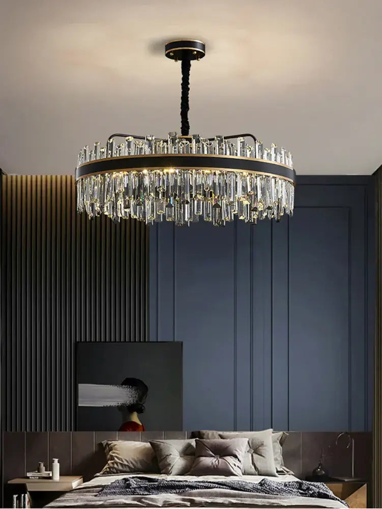 DecorBites crystal chandelier with black metal frame and clear crystal prisms for luxury living room décor