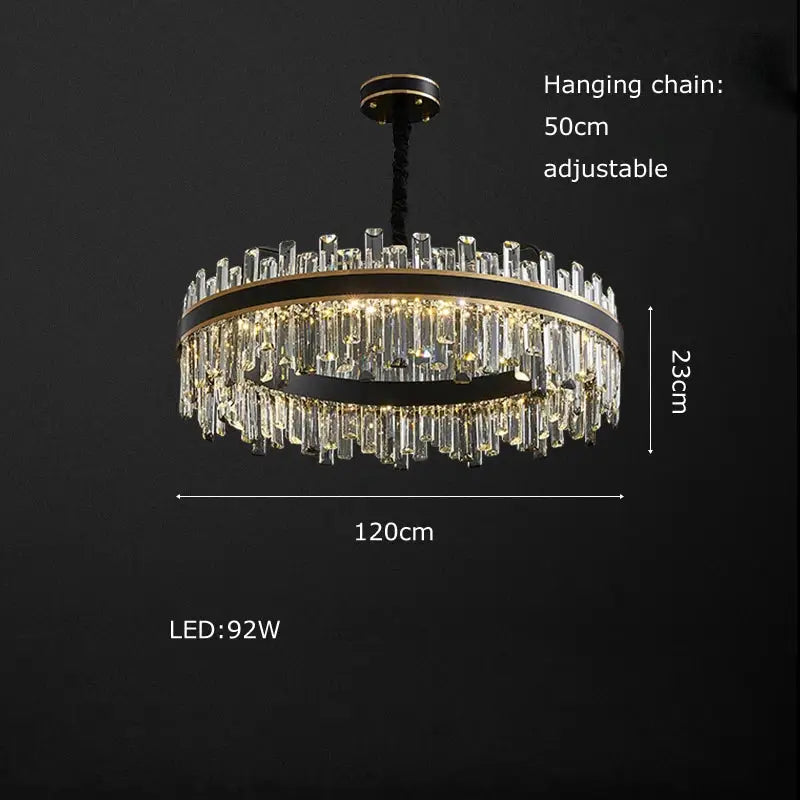 Elegant two-tiered DecorBites crystal chandelier with black and gold accents and cascading clear glass rods for luxury décor