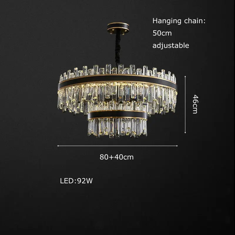 Elegant two-tiered decorbites crystal chandelier with black and gold accents and cascading clear glass rods for luxury décor