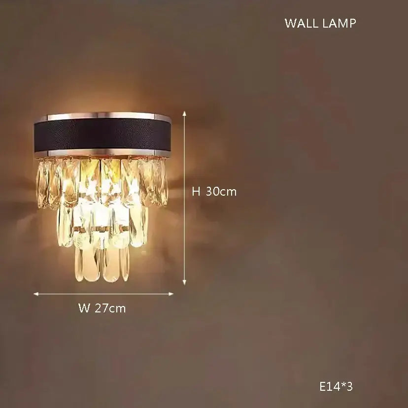 DecorBites crystal chandelier wall lamp with sleek black leather metallic base and cascading clear glass prisms for luxury décor