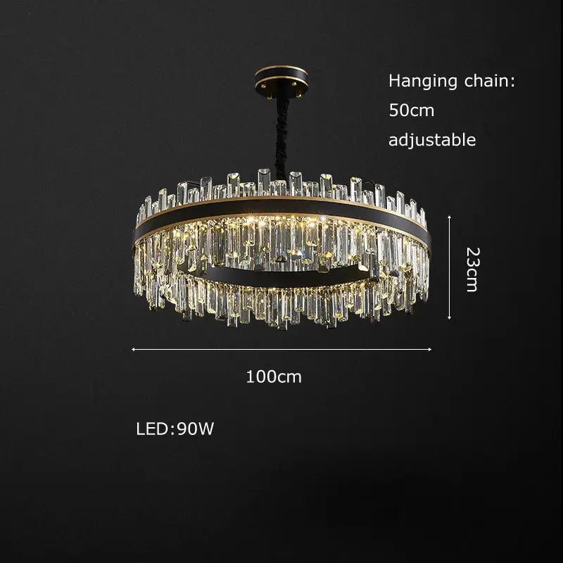 DecorBites crystal chandelier with clear crystal rods suspended from a black and gold round frame for luxury décor
