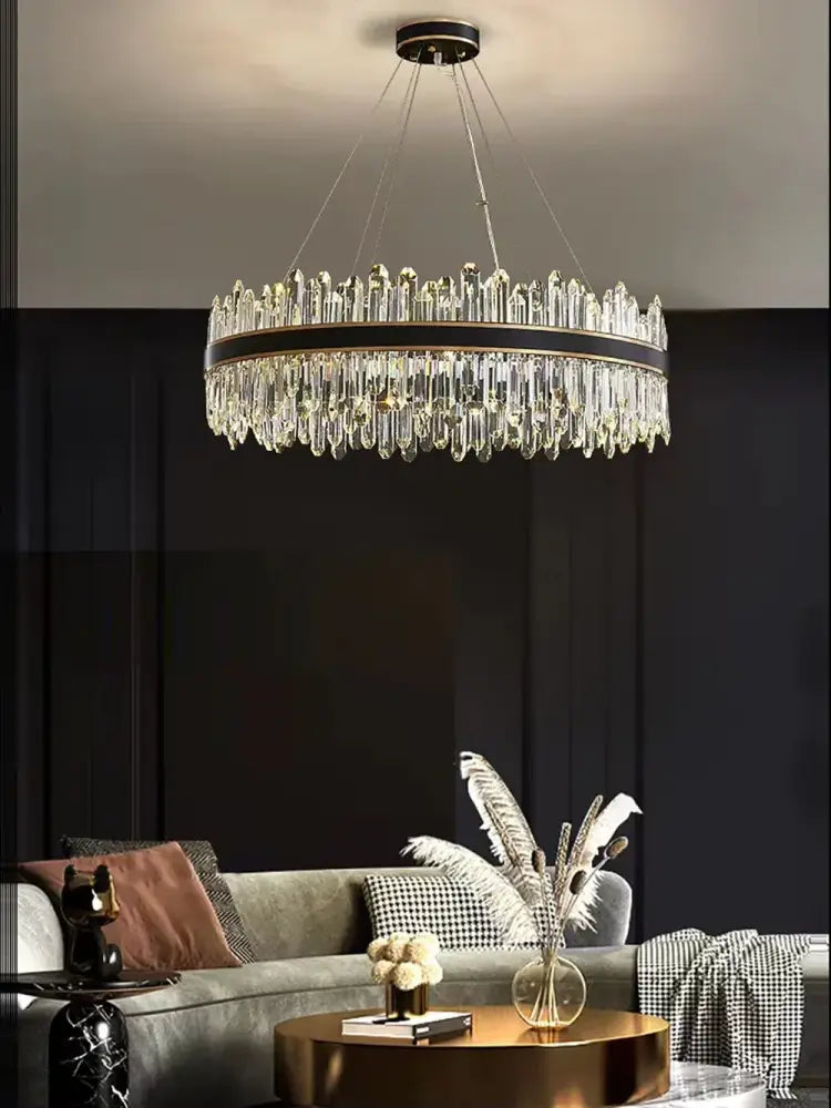 Decorbites crystal chandelier round light fixture with clear crystal droplets and black metal frame for luxury décor