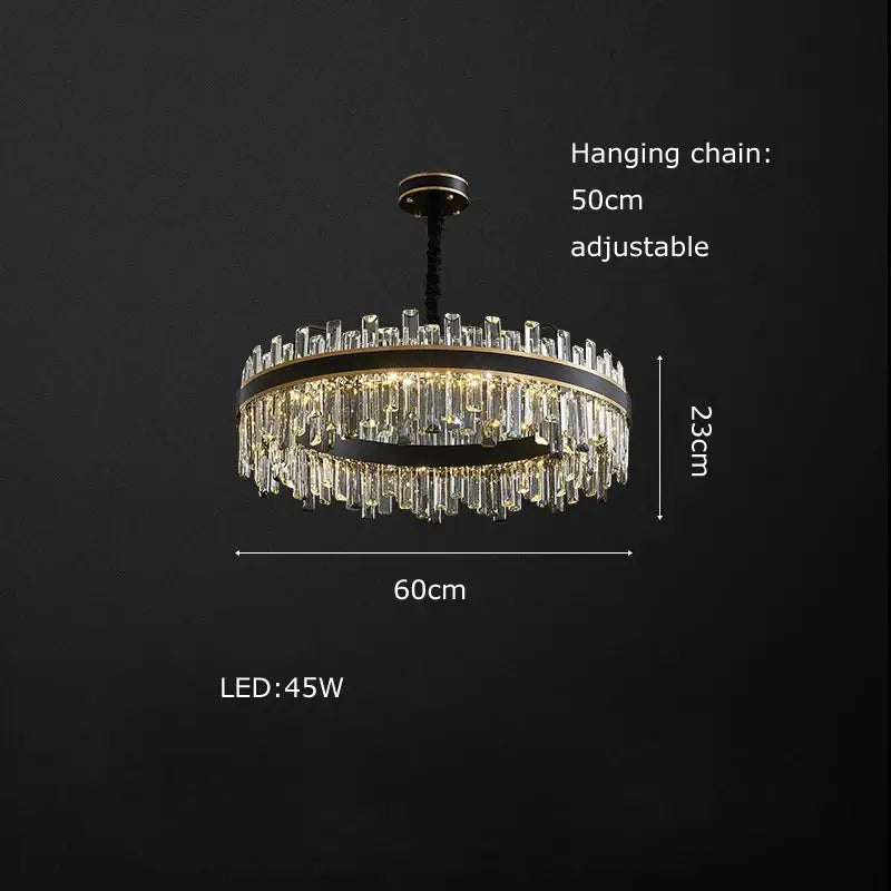 A modern decorbites crystal chandelier with black metal frame and clear glass prisms illuminated by 45w led lights