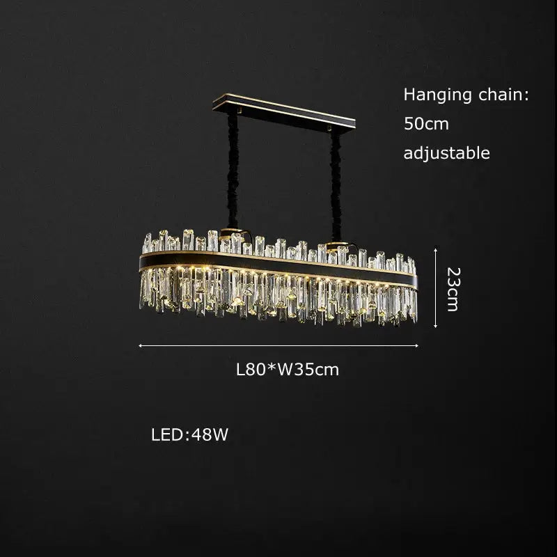 Elegant oval-shaped decorbites crystal chandelier with black and gold frame and cascading clear glass prisms for luxury decor