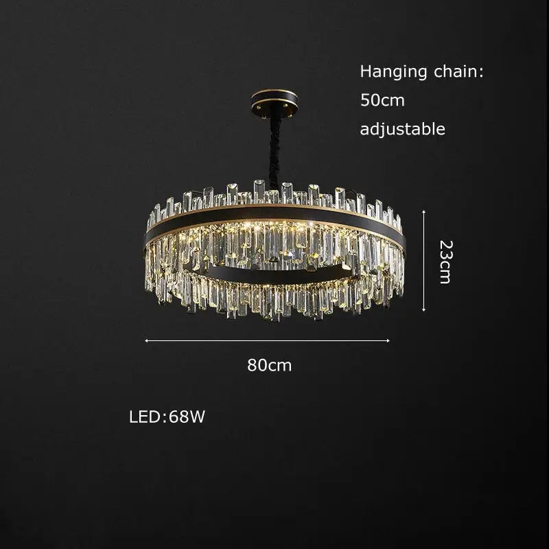 Elegant decorbites crystal chandelier with a black and gold frame and cascading clear glass rods for luxury living room décor