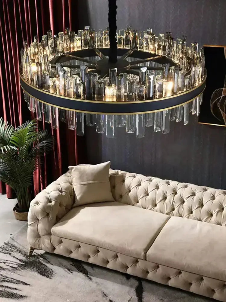 Decorbites crystal chandelier with black and gold frame and clear glass prisms for luxury living room décor
